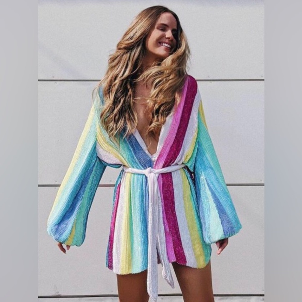 NWT Retrofete Gabrielle Robe Dress in Unicorn Stripe, Size Small.